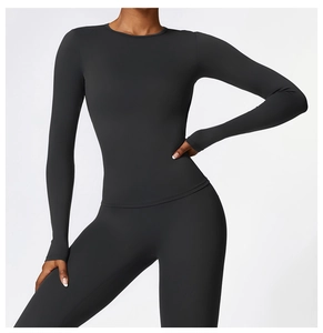 Slim fit long sleeve yoga top in charcoal grey high-stretch brushed athletic fabric