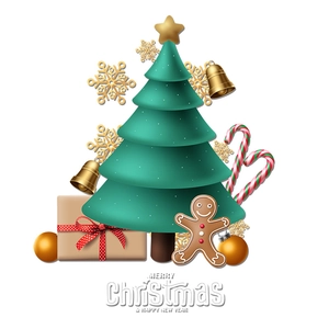 3D Christmas tree with gingerbread man and gift box static stickers for window decor