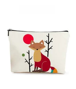 Detailed pattern display of a linen fox print cosmetic bag with zipper closure