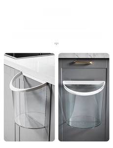 Detailed view of wall-mounted transparent kitchen trash bin showing dual installation modes