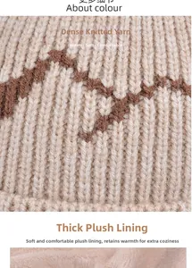 Close-up of tight knit winter hat featuring warm plush lining and geometric patterns