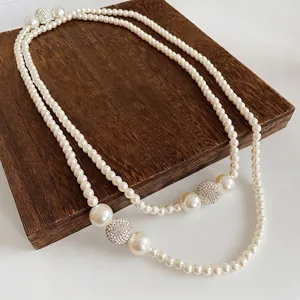 Elegant Double Layered Necklace With Imitation Artificial Pearls And Rhinestone Alloy Balls French Style Jewelry For Women