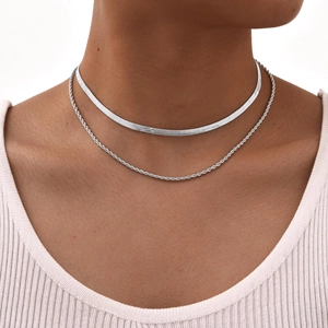 Double layer silver stainless steel necklace set with snake bone and twist chain design