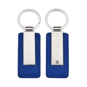 Detailed front and back views of a premium blue PU leather and metal car keychain