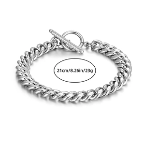 Polished silver Cuban link bracelet with T-bar clasp, length 21cm and weight 23g