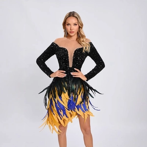 Elegant sequin feather dress with deep V-neck and tri-color skirt on studio model