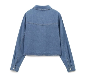 Rear view of cropped denim jacket with back yoke and buttoned cuffs on white background