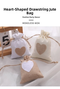 Detailed macro of burlap drawstring gift bags with heart patch in three rustic colors
