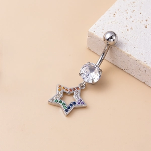Silver stainless steel belly ring with clear round zircon and rainbow star pendant