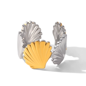 Detailed macro view of silver shell ring with gold accent made of stainless steel