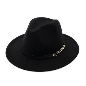 Classic Wide Brim Fedora Hat Polyester Wool Felt With Leather Band Gold Metal Chain Vintage British Jazz Style Women