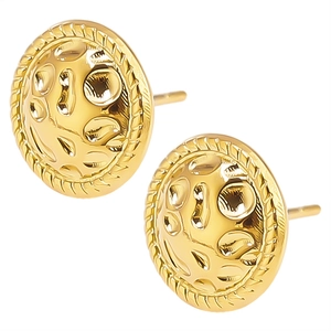 Macro detail of gold-plated geometric stud earrings with hammered texture and rope border