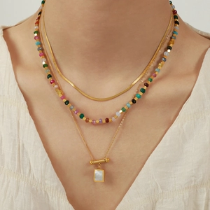 Three-layer layered necklace with colorful beads and square shell pendant on gold chain