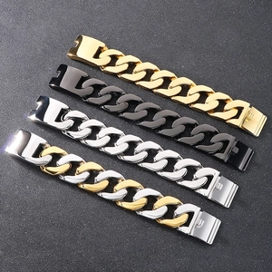 Polished Cuban chain bracelets in gold, black, silver, and two-tone finishes on black texture