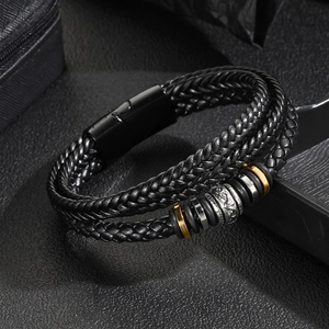Men's retro black braided leather bracelet with turquoise and textured metal beads