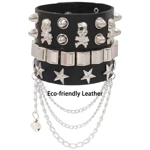 Punk multilayer PU leather wide bracelet with silver skull charms, studs and metal chains