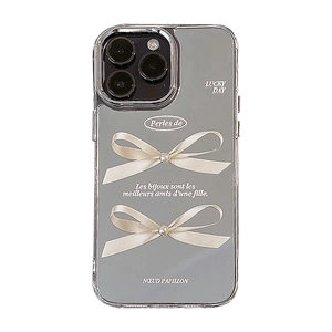 Mirror iPhone case with 3D pearl bows and lucky day text for 16 Pro Max