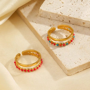 Double layered gold stainless steel open ring with colorful enamel beads on silk
