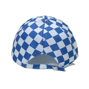 Rear view of checkered baseball cap featuring an adjustable silver buckle on blue and white fabric