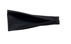 Close-up of black breathable athletic headband showing elastic fabric texture and folds