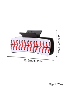 Baseball pattern hair clip detail showing dimensions 10.5cm by 4.5cm and 50g weight