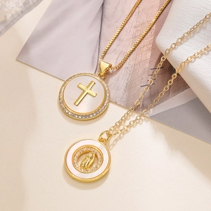 Religious Round Pendant Necklace 18K Gold Plated Copper White Shell Zircon Cross Virgin Mary Style For Women