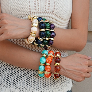 Bohemian geometric acrylic resin bead bracelets with marble texture and gold metal accents