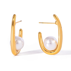 Boucles d'Oreilles Künstliche Perles en Acier Inoxydable Plaqué Or 18K Forme U Minimaliste Imperméable Bijoux Femme Cadeau Quotidien