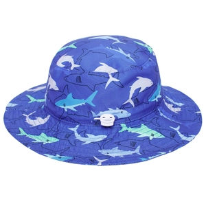 Detail of adjustable drawstring and shark print on kids breathable sun protection hat