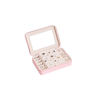 Portable pink PU leather jewelry storage box with mirror for rings and earrings