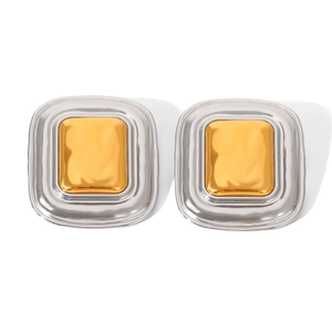Detail of square two-tone gold and silver stainless steel earrings with polished finish