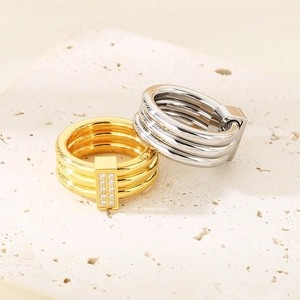 18k gold and silver plated triple ring set with cubic zirconia in high-polish finish