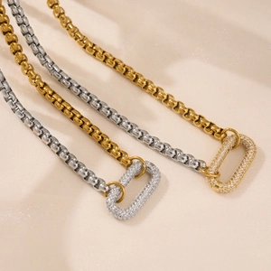 18k gold plated stainless steel square link necklaces with pave crystal pendants