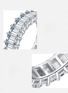 Detailed macro view of S925 sterling silver ring with hand-set 5A emerald cut zircons