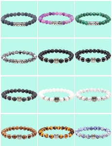 Detailed grid view of 8mm natural stone bracelets featuring owl and floral metal charms