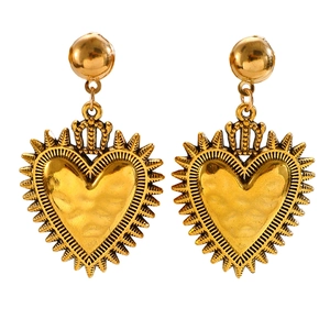 Baroque gold heart earrings with crown detail and vintage hammered texture on white