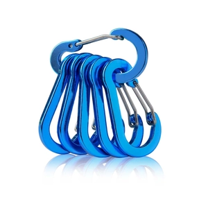 Blue aluminum carabiner clip set with large main hook and five small spring link hooks