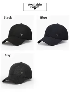 Detailed view of men's wool baseball cap with silver triangle logo in black, blue and grey