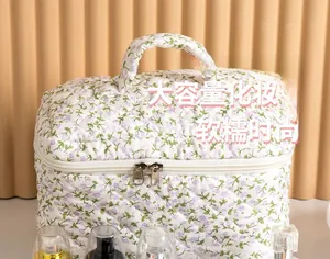 Quilted floral makeup bag with purple flower pattern and double zippers for storage