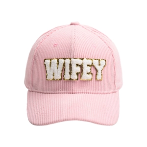 Pink corduroy WIFEY baseball cap with chenille gold-bordered letter patches for women
