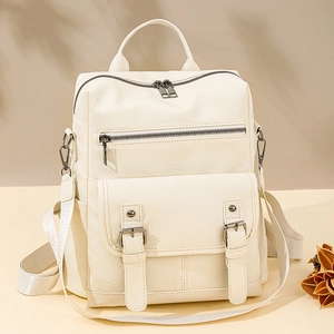 Retro cream white soft PU leather backpack for women with decorative fringe and metal zipper