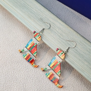 Colorful teacher-themed acrylic cat earrings with abstract book patterns and silver hooks