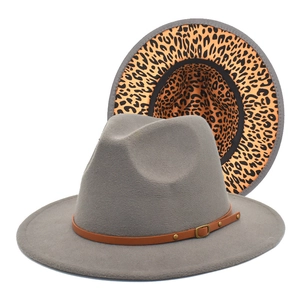 Grey wool jazz fedora hat with brown leather belt and leopard print lining