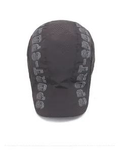 Top view of dark grey quick-dry beret cap featuring sport letters and breathable air holes