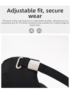 Detail of adjustable metal buckle with FARD engraving on black breathable baseball cap