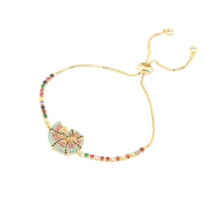 Adjustable gold shell bracelet with rainbow cubic zirconia and pull-chain clasp design