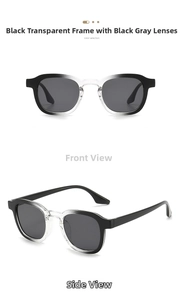 Front and 45-degree side views of round sunglasses with black and transparent gradient frames