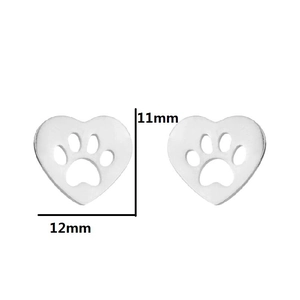Cute silver heart paw print stud earrings for women with 11mm by 12mm dimensions