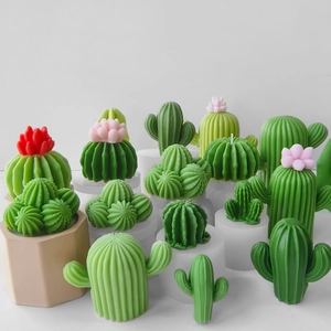 Cactus succulent candle silicone molds set with finished green wax candles and white resin molds