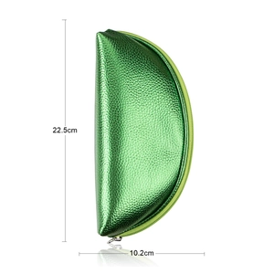 Green leather half-moon makeup brush set storage case with zipper, size 22.5cm x 10.2cm